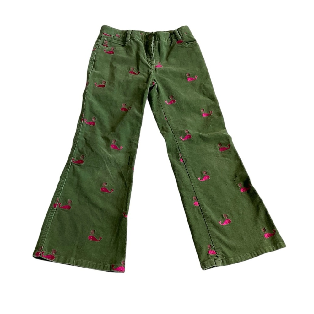 Lilly Pulitzer Girls Corduroy Pants Sz 8 Kelly Green Flare Stretch Pink Whales
